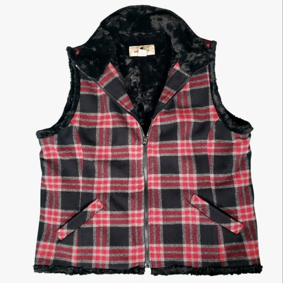 Vintage Jackets & Blazers - Vintage Woolrich Plaid Vest Buffalo Check Wool Blnd Faux Fur Gorp Outdoor Camp